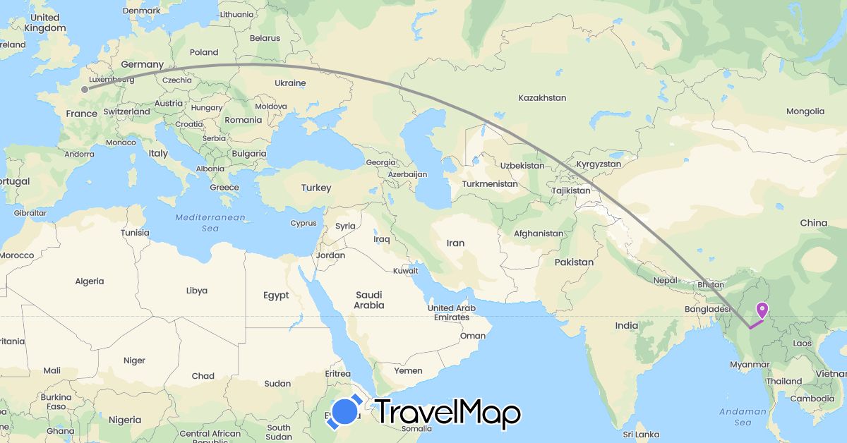 TravelMap itinerary: driving, plane, train in France, Myanmar (Burma) (Asia, Europe)